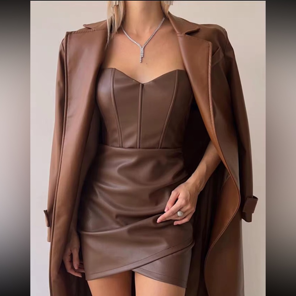 NWT Brown pu leather mini fitted dress ruched side high waisted bone corset XS/S